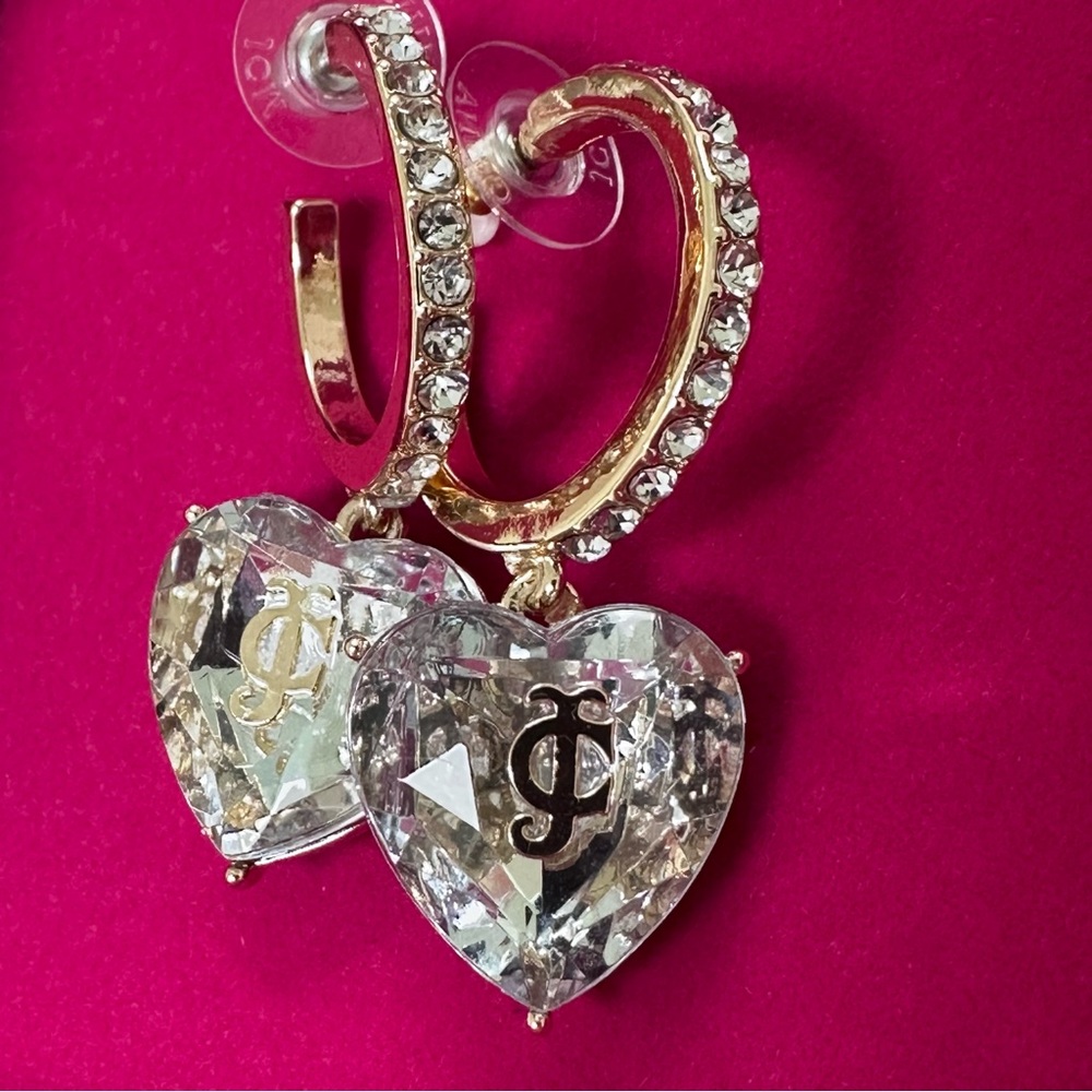 NWT Juicy Couture Heart Logo Hoop Rhinestone Dangling Earrings